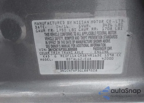 2016 Nissan Versa 1.6 Sl z USA, uszkodzony, nr VIN 3N1CN7AP3GL889508